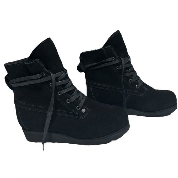 BearPaw Krista Cow Suede Wool Lined Boots Black Winter Boots Sheepskin Footbed - Picture 2 of 14